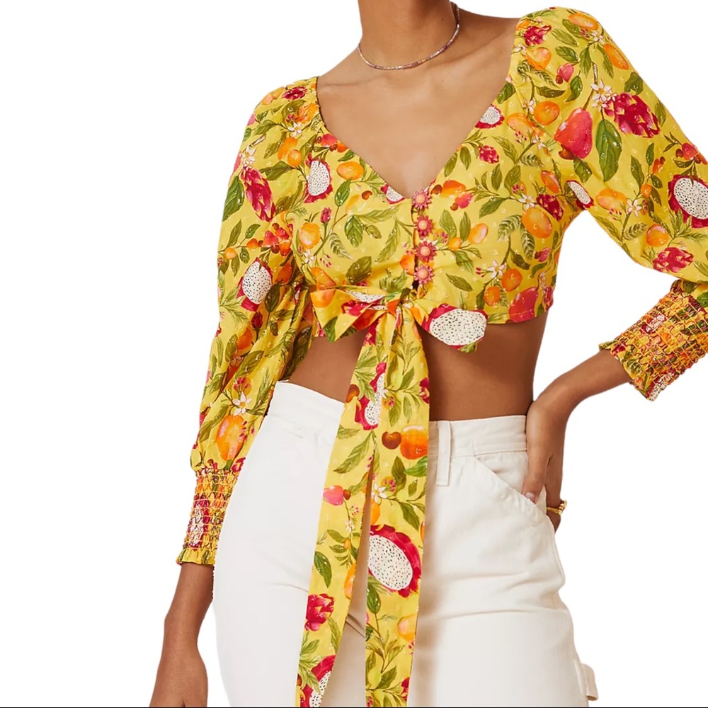 Farm Rio Deep-V Tie-Waist Top Fruit Print Crop Womens XXS NWT
